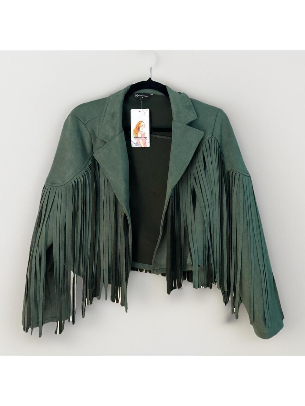 NWT Womens Pretty Garden Dark Green Fringe Jacket Size Medium Festival Wear